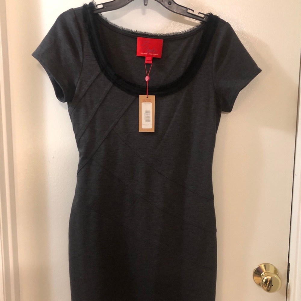 Zac Posen - Gray Knit Dress w/Black Eyelash Trim.